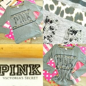 Victoria's Secret PINK Sequin Bling Leopard Print Cotton Long Sleeve Tee Shirt